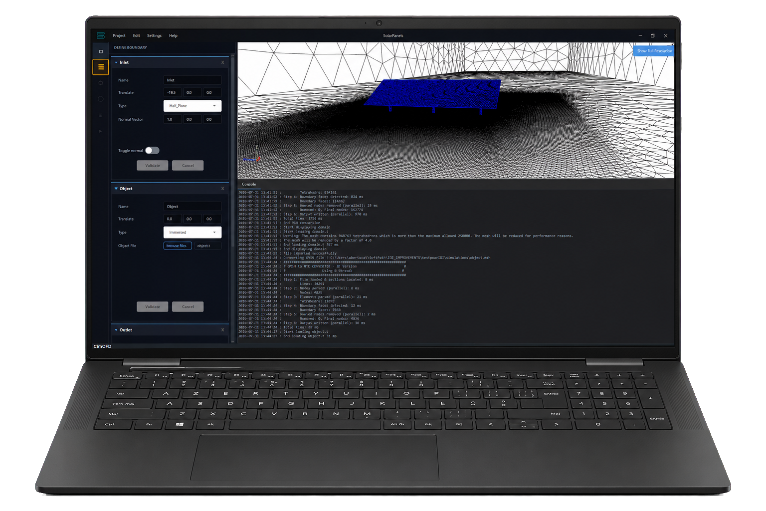 CimCFD software interface running on a laptop
